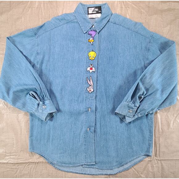 Vintage 1992 Looney Tunes Unisex Embroidered Button Down Denim Shirt Large - Picture 1 of 12